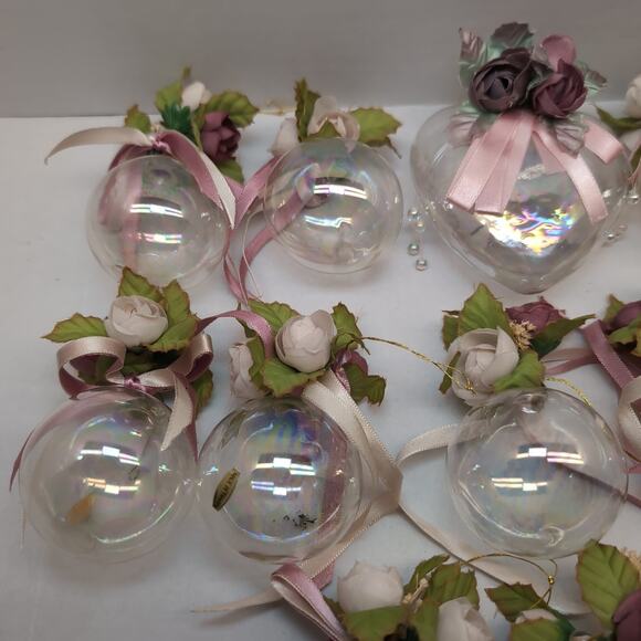 Lot Of 13 Victorian Style Iridescent Clear Glass Ornaments Ball Heart Bell - Picture 5 of 16